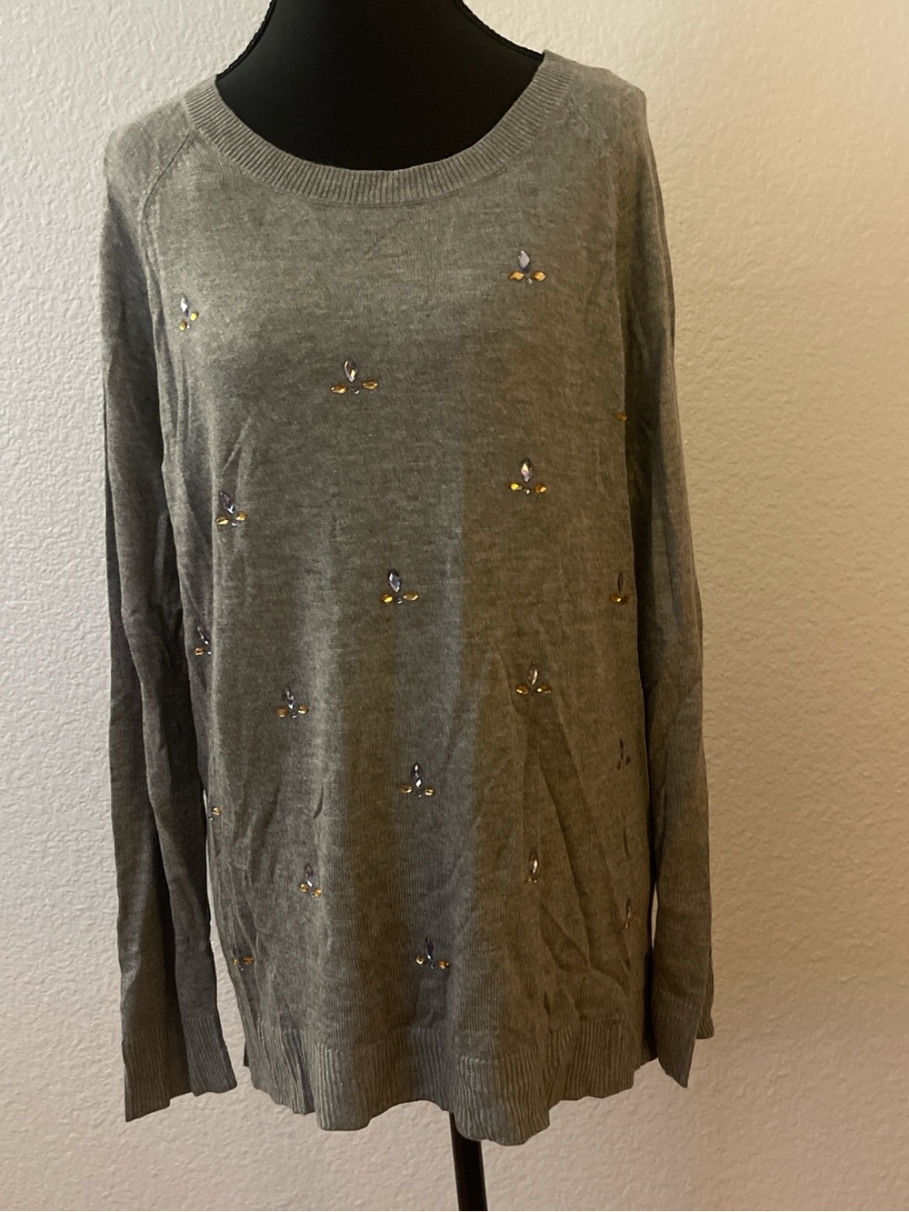 Liz Claiborne Grey Crewneck Sweater with Jewel Accents